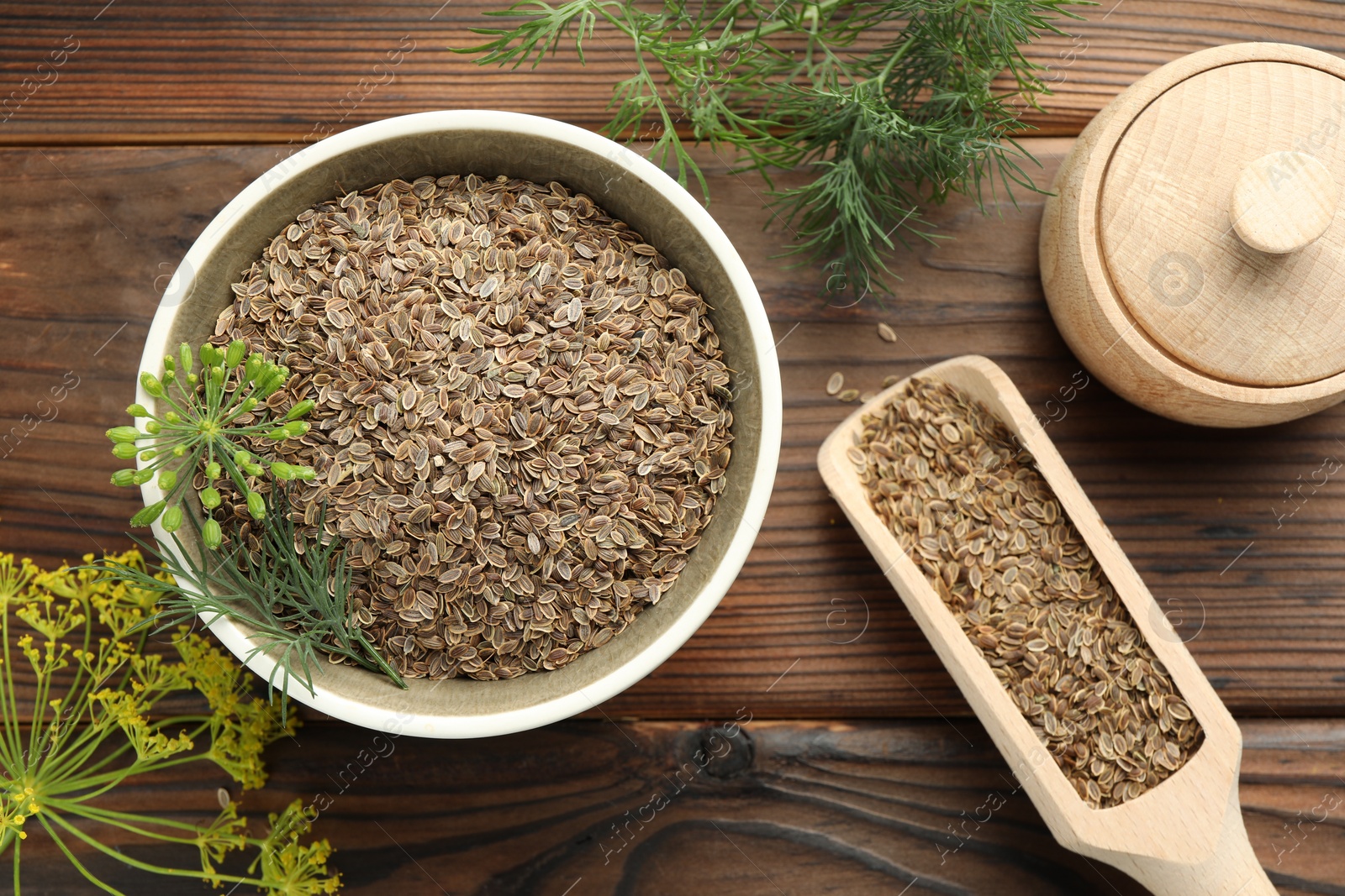 Photo of Dry seeds and fresh dill on wooden table, flat lay