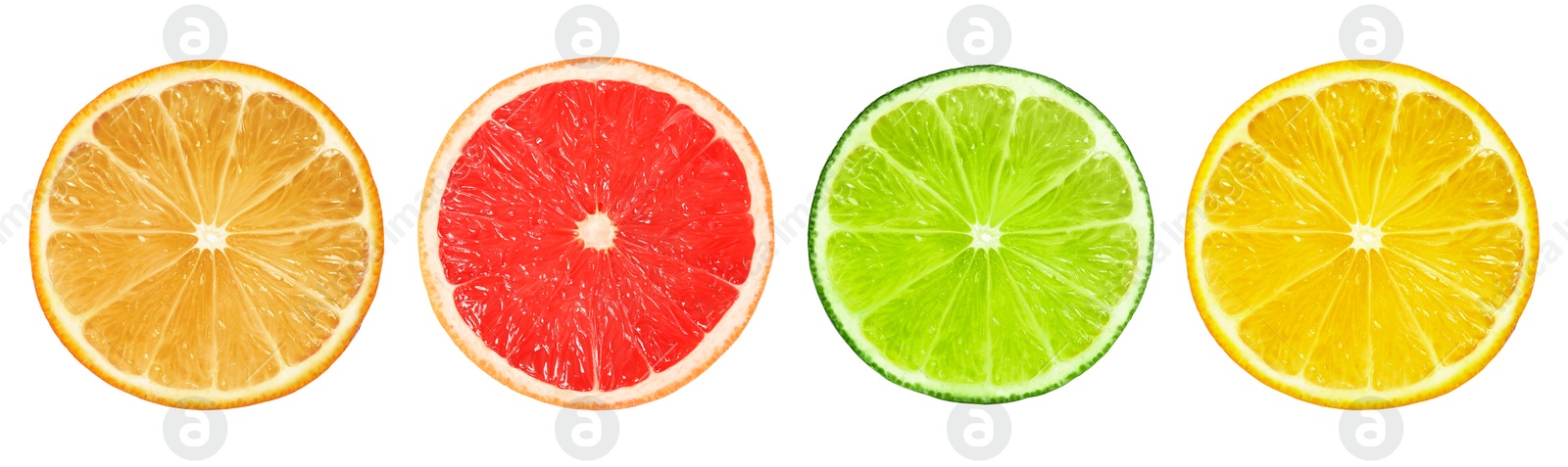 Image of Set of different citrus slices on white background, top view. Banner design 