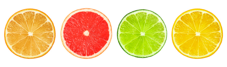 Image of Set of different citrus slices on white background, top view. Banner design 