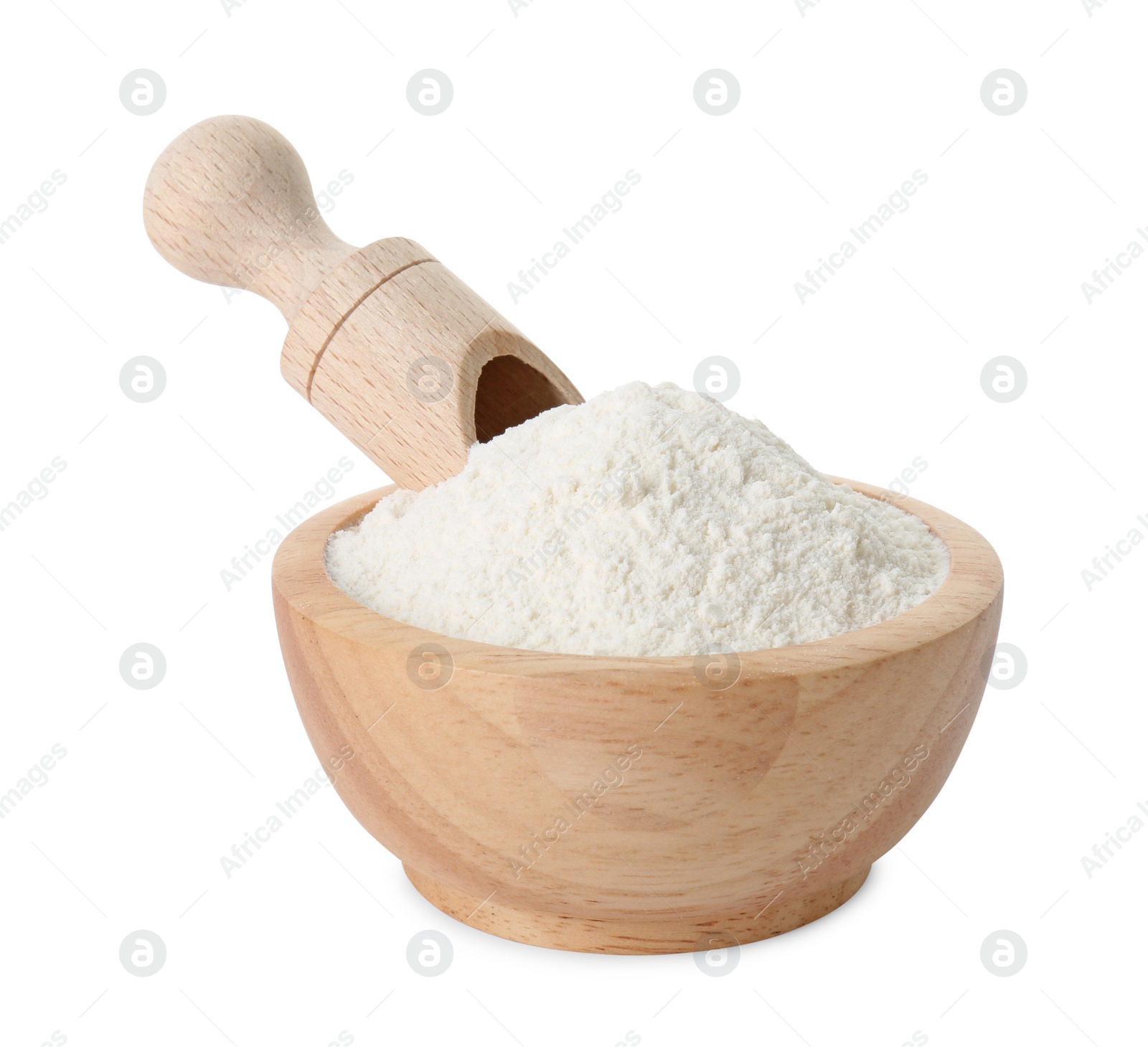 Photo of Baking powder in bowl and scoop isolated on white