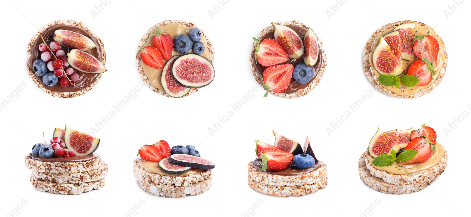 Image of Set of tasty crunchy puffed cakes with different toppings on white background. Banner design