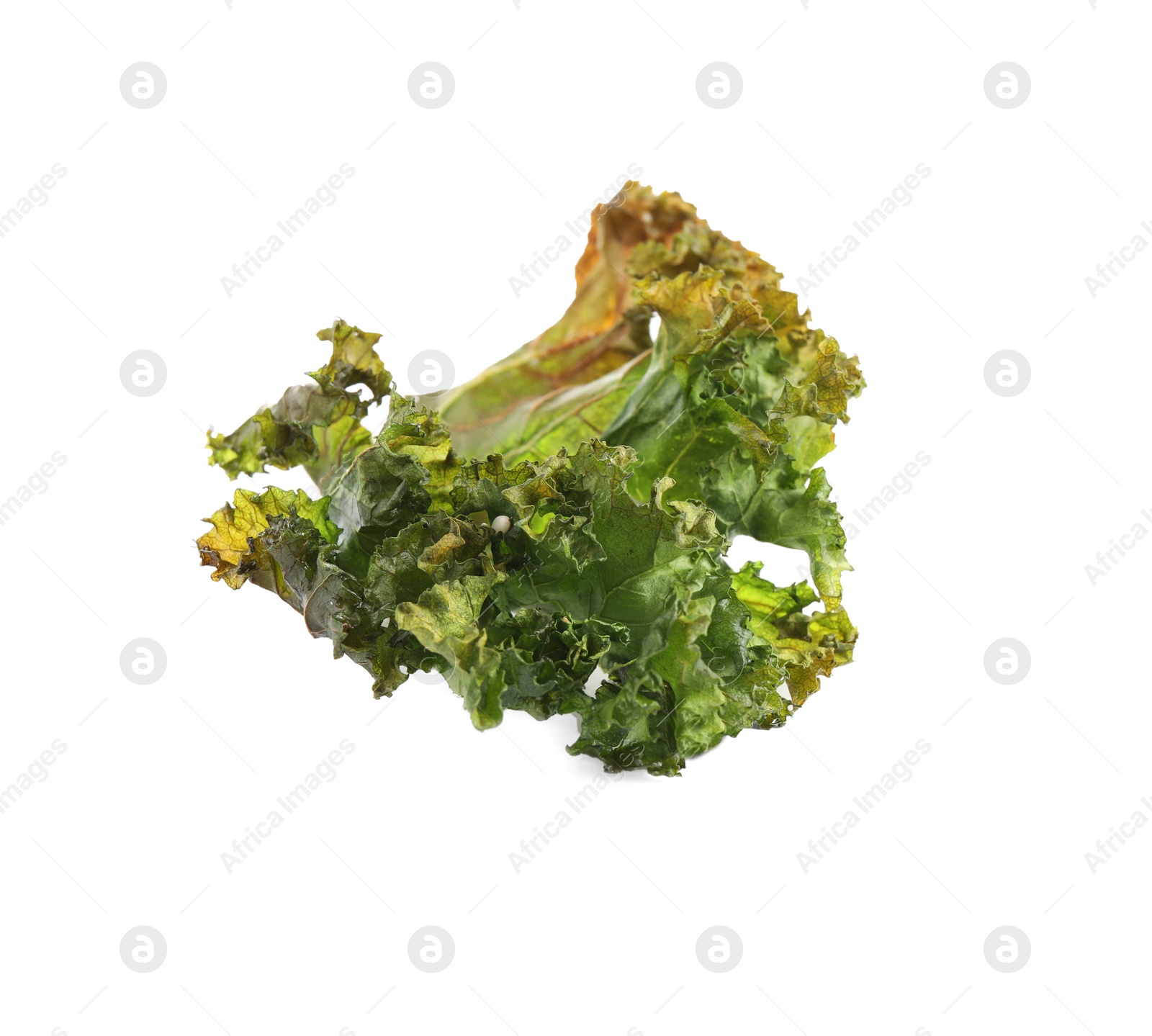 Photo of Tasty baked kale chip isolated on white