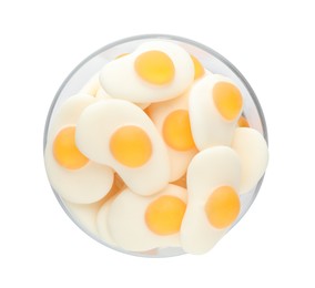 Photo of Bowl with tasty jelly candies in shape of egg on white background, top view