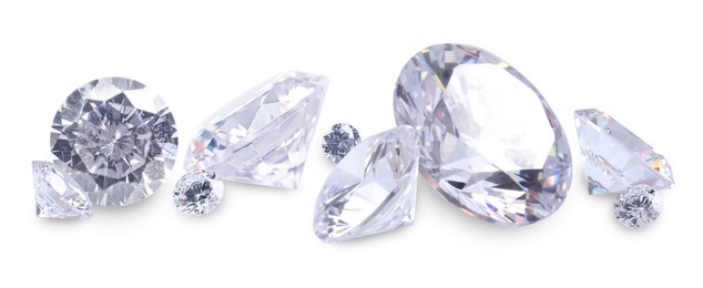 Image of Beautiful dazzling diamonds on white background, banner design