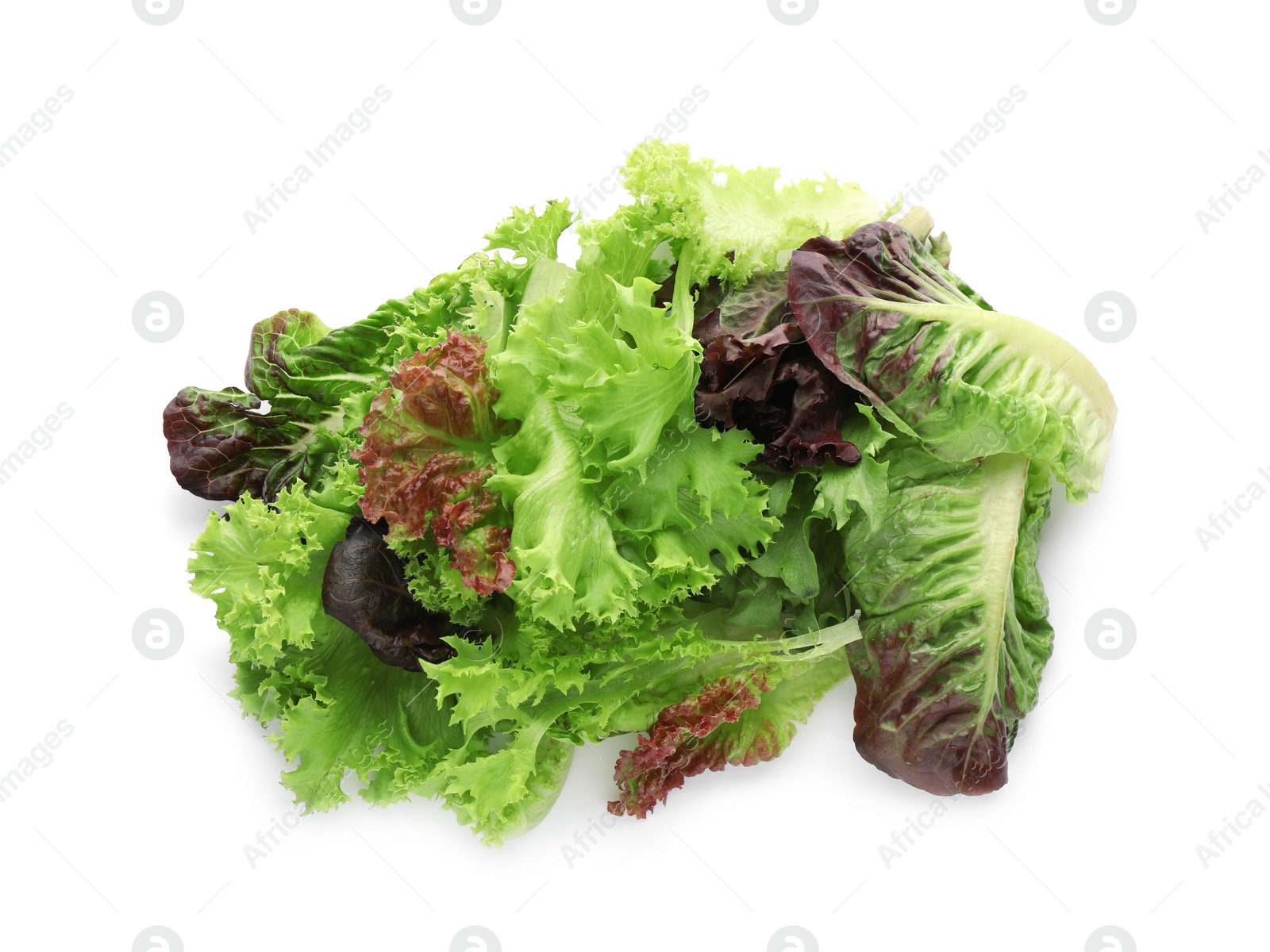 Photo of Leaves of different lettuces on white background, top view