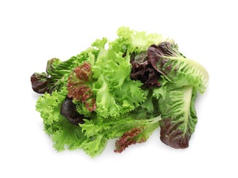 Photo of Leaves of different lettuces on white background, top view