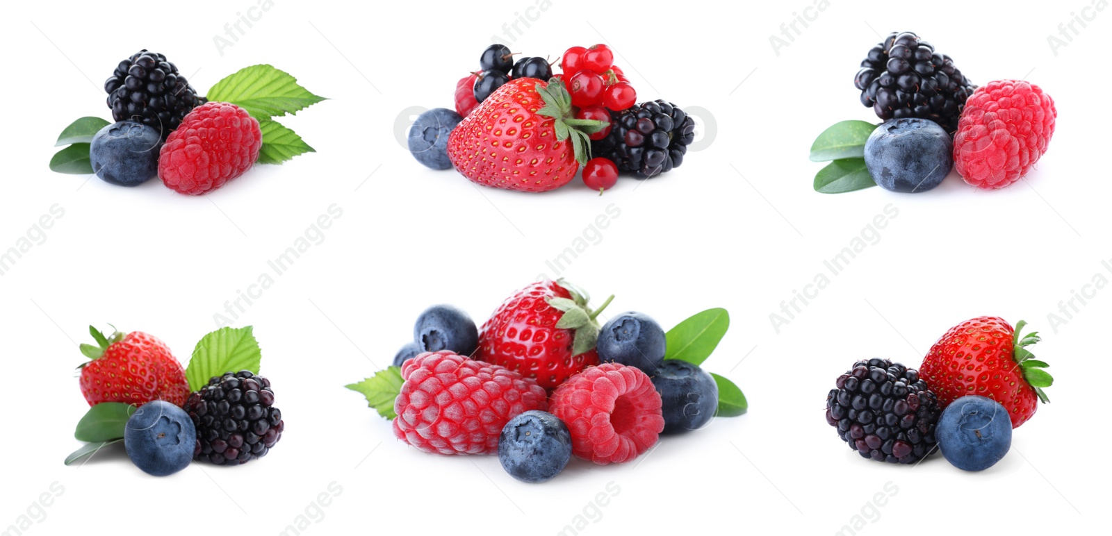 Image of Set of different mixed berries on white background, banner design 