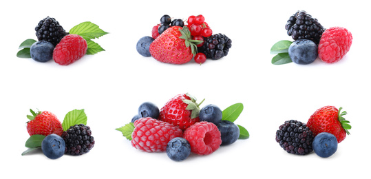 Image of Set of different mixed berries on white background, banner design 