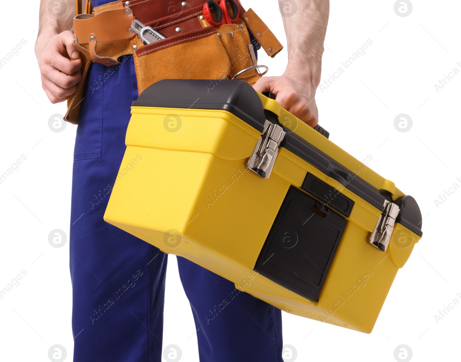 Photo of Professional repairman with tool box on white background