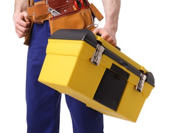 Photo of Professional repairman with tool box on white background