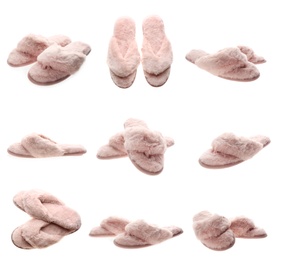 Image of Collage with fluffy slippers on white background