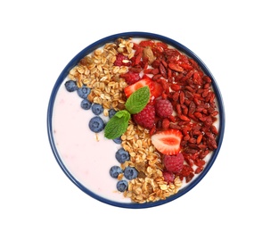 Smoothie bowl with goji berries on white background, top view