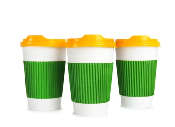 Photo of Carton cups on white background. Mock up for design