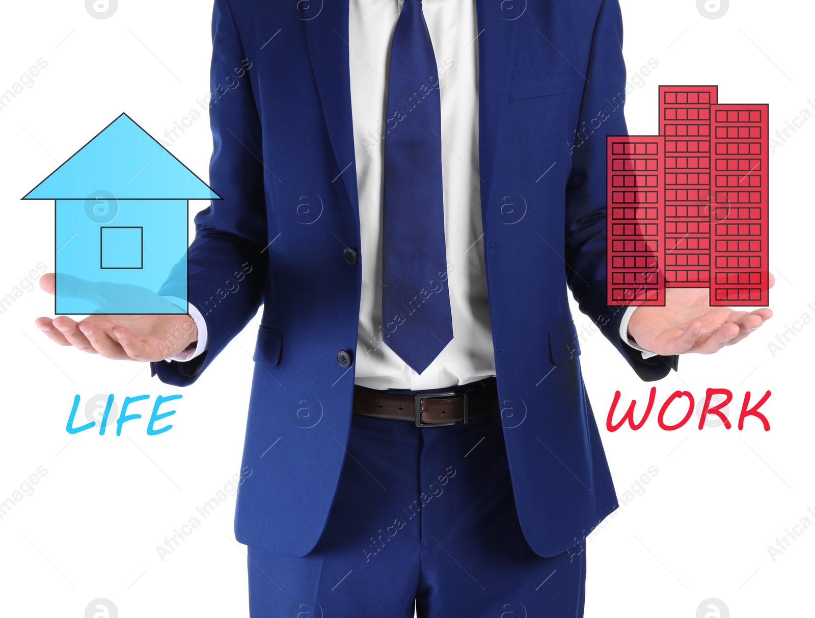 Image of Businessman showing balance between life and work on white background, closeup