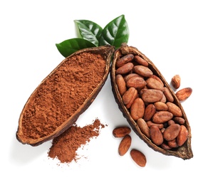 Photo of Composition with cocoa products on white background, top view