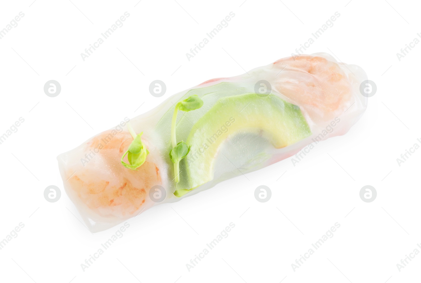 Photo of Delicious spring roll wrapped in rice paper isolated on white