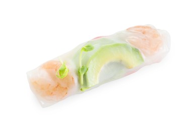 Photo of Delicious spring roll wrapped in rice paper isolated on white