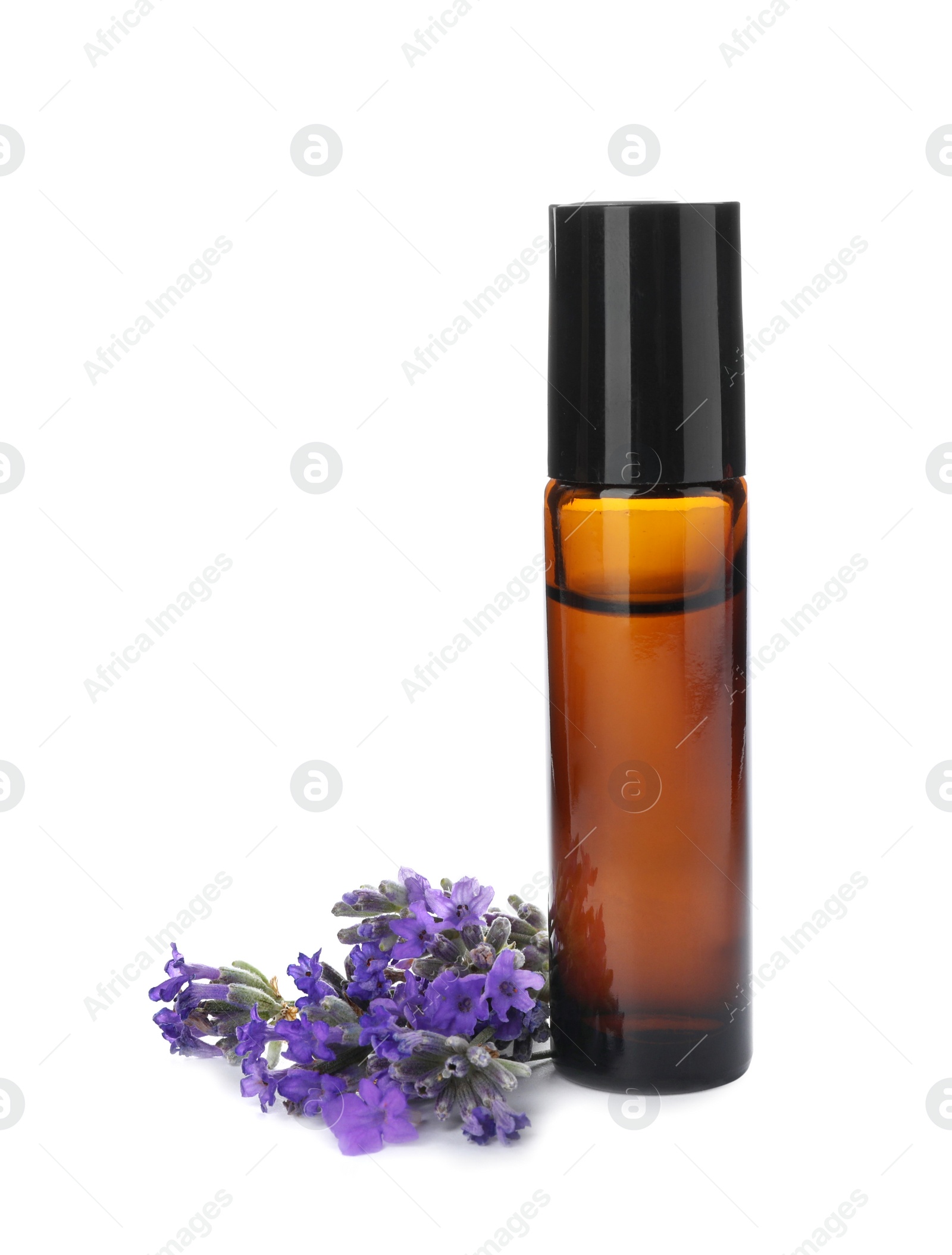 Photo of Bottle with natural lavender oil and flowers on white background