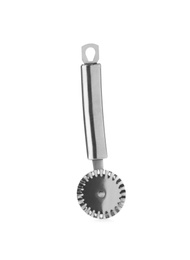 Photo of New pizza cutter with metal handle isolated on white