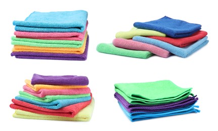Image of Set with color microfiber cloths on white background 