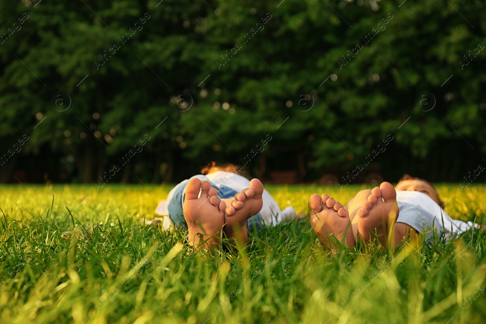 Photo of Happy children lying on grass in park