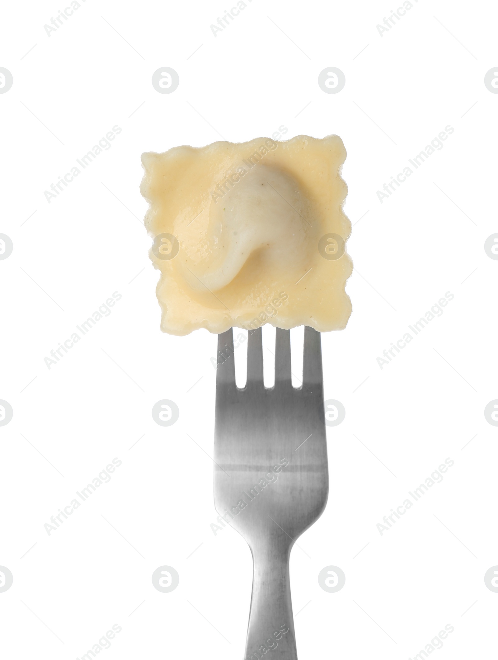 Photo of Fork with tasty ravioli isolated on white