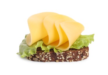 Tasty sandwich with slices of fresh cheese and lettuce isolated on white