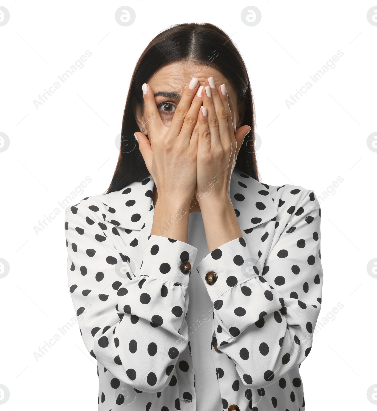 Photo of Young woman feeling fear on white background