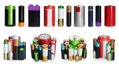 Many batteries of different types on white background, collage. Banner design