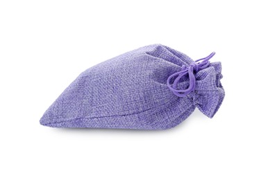 Photo of One tied violet burlap bag isolated on white