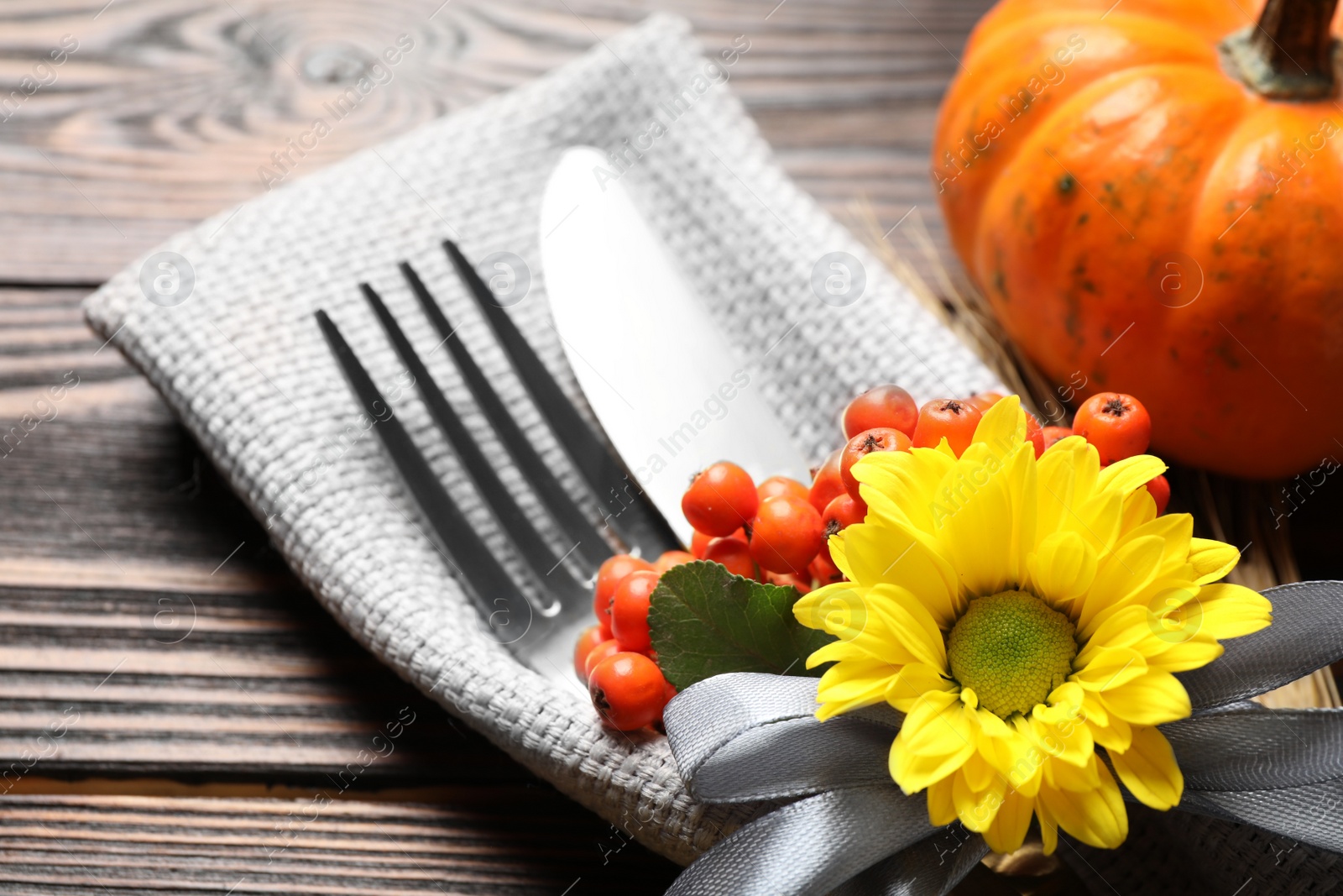 Photo of Cutlery with flower, rowan berries and pumpkin on wooden table, closeup. Thanksgiving Day celebration