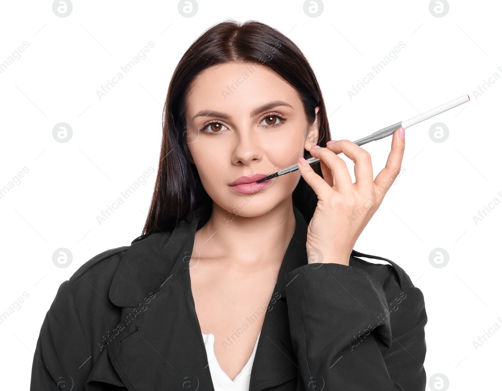 Photo of Woman using long cigarette holder for smoking isolated on white