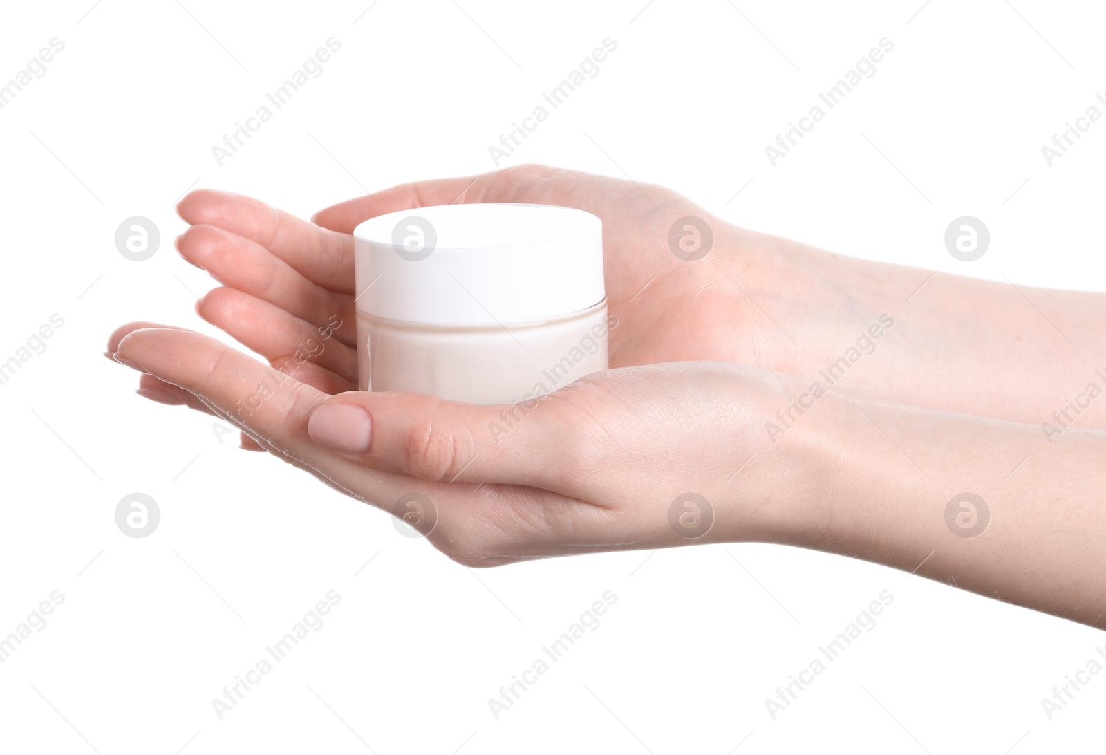 Photo of Woman with jar of cream isolated on white, closeup