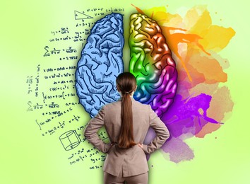 Logic and creativity. Woman and illustration of brain hemispheres. Different formulas and bright paint stains on background