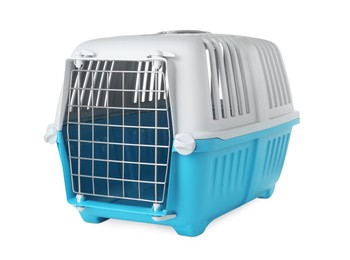 Photo of Light blue pet carrier isolated on white