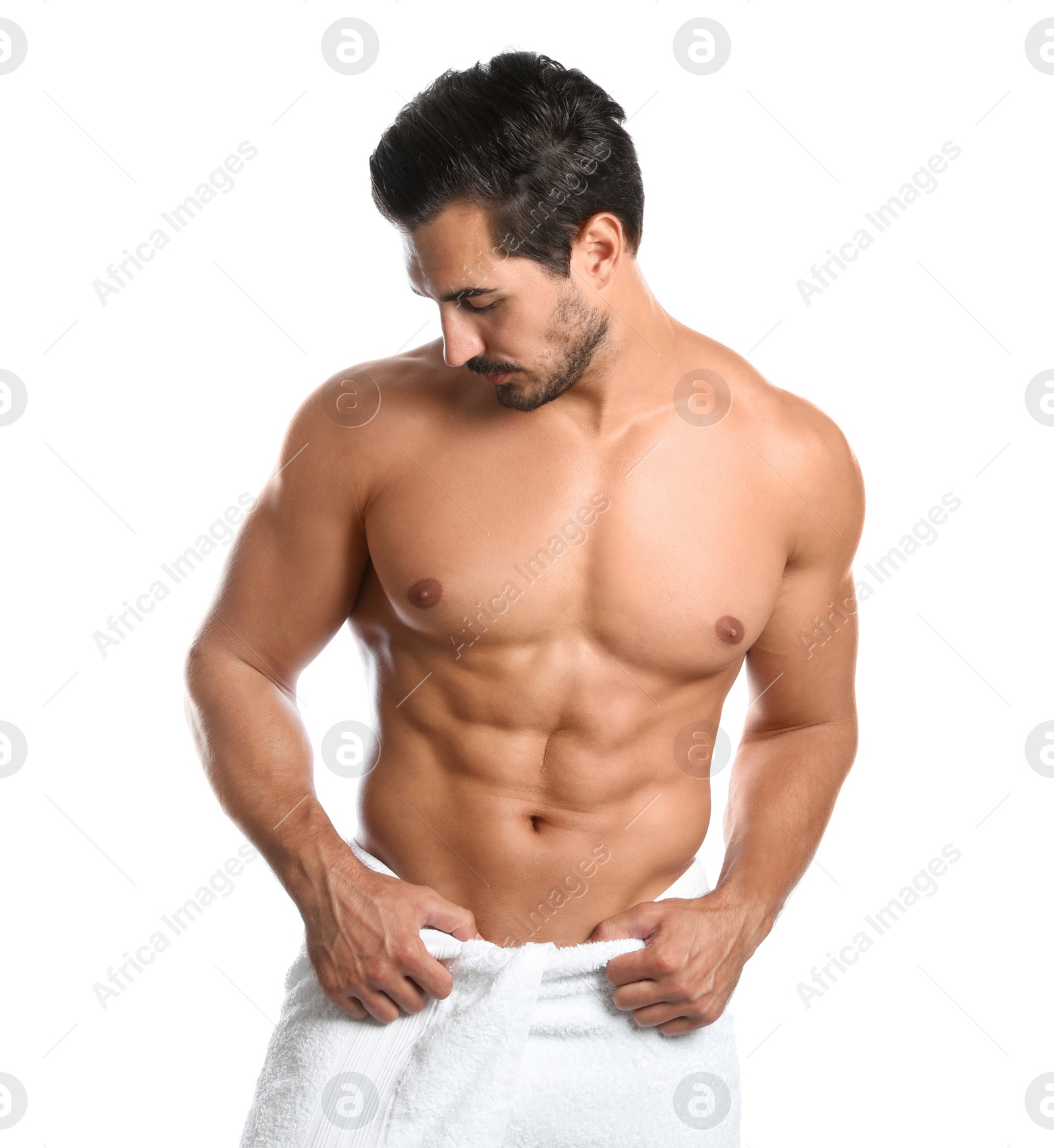 Photo of Young man with slim body on white background