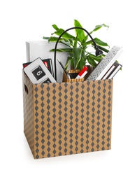 Photo of Moving box with stuff isolated on white. Work promotion concept