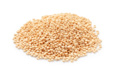 Photo of Many raw quinoa seeds isolated on white