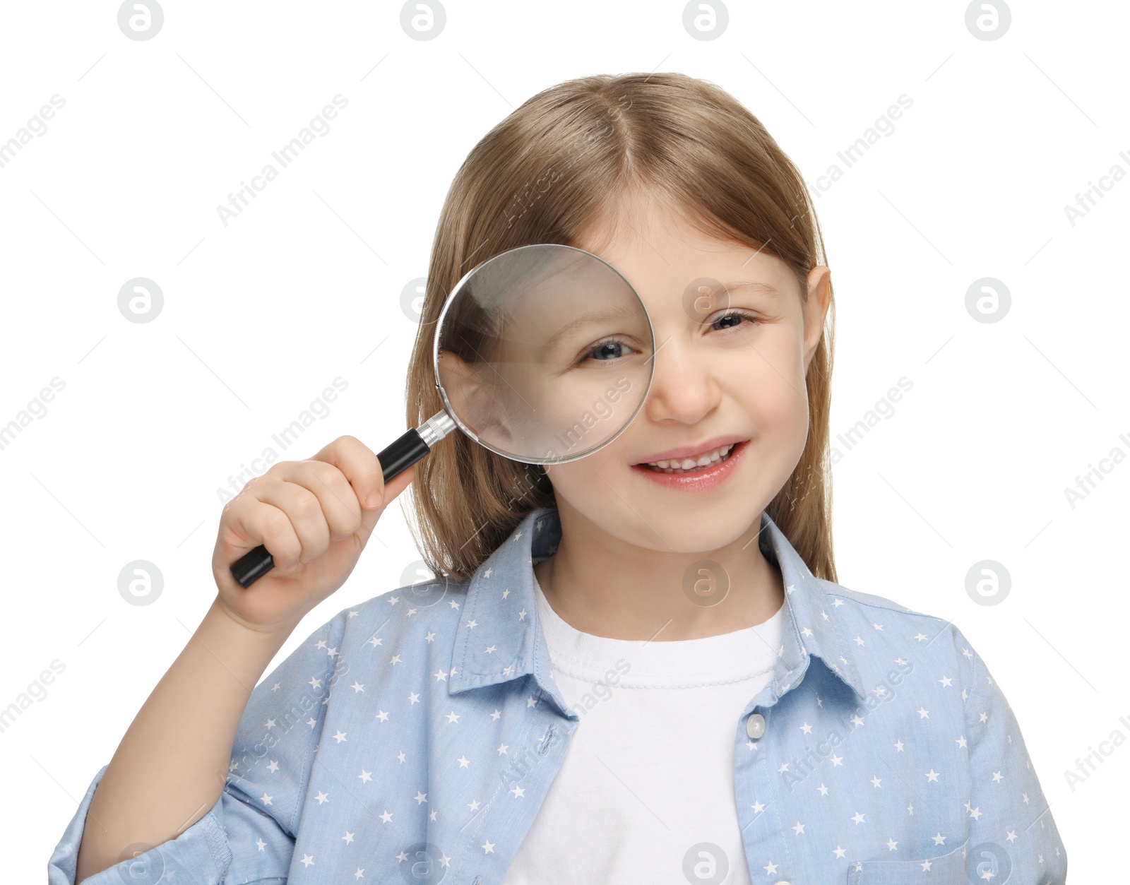 Photo of Little girl with magnifying glass on white background