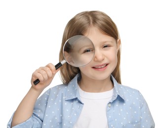 Photo of Little girl with magnifying glass on white background