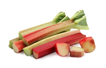 Photo of Cut fresh ripe rhubarb isolated on white