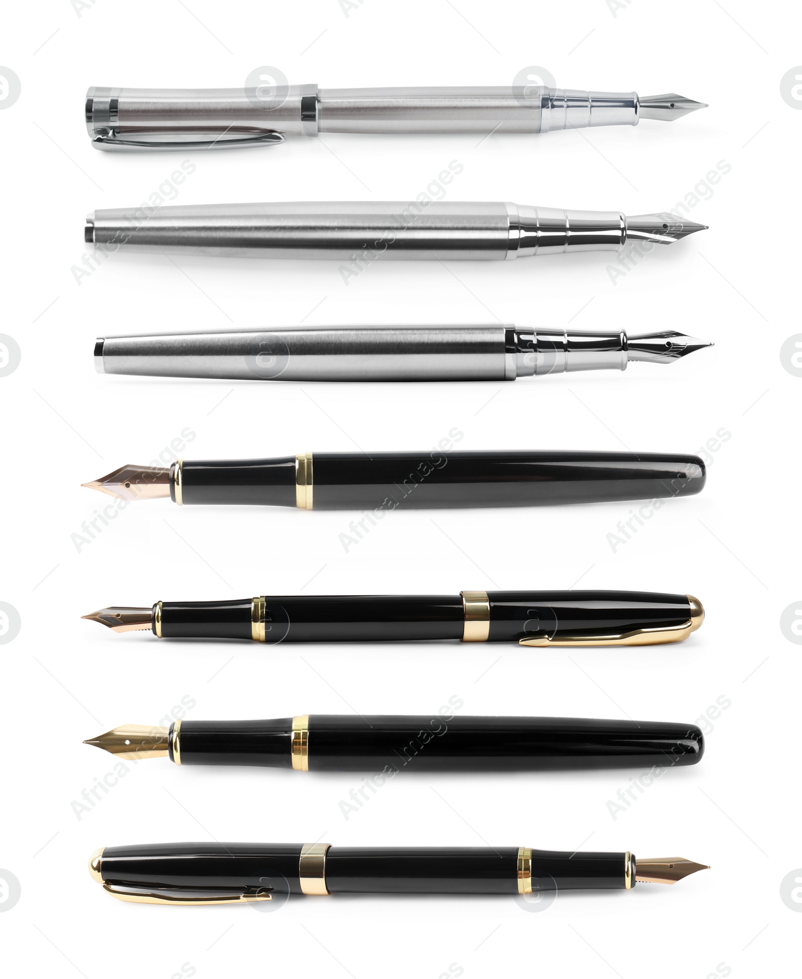 Image of Set of fountain pens on white background, top view