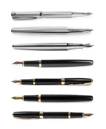 Image of Set of fountain pens on white background, top view