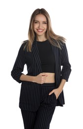 Photo of Portrait of beautiful young woman in fashionable suit on white background. Business attire
