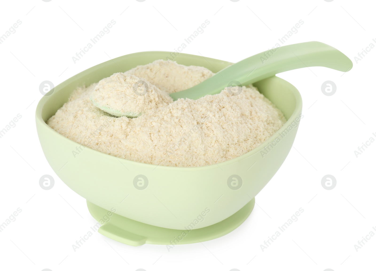 Photo of Dry healthy baby food in bowl on white background