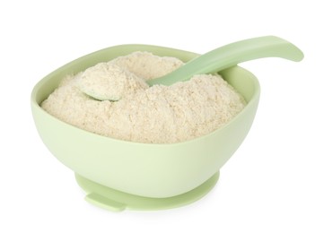 Photo of Dry healthy baby food in bowl on white background