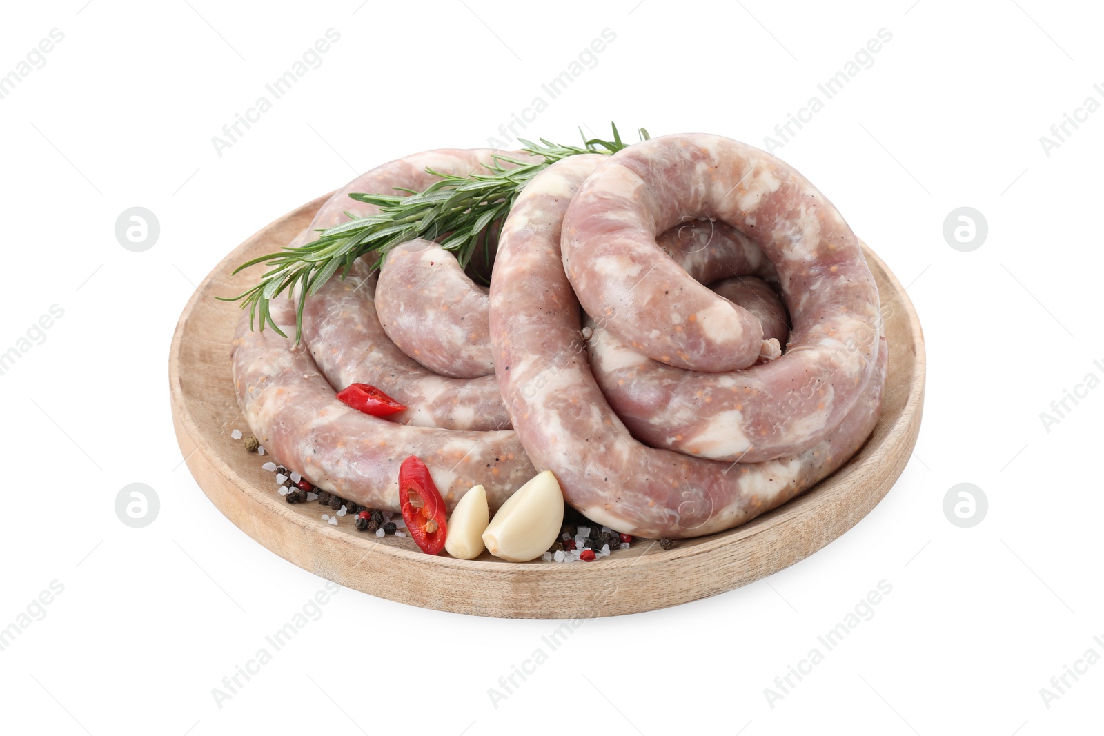 Photo of Board with homemade sausages, garlic, chili, rosemary and spices isolated on white