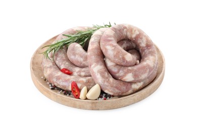 Board with homemade sausages, garlic, chili, rosemary and spices isolated on white