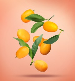 Delicious fresh kumquats and green leaves falling on pale pink background