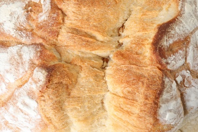 Closeup of tasty white bread as background, top view